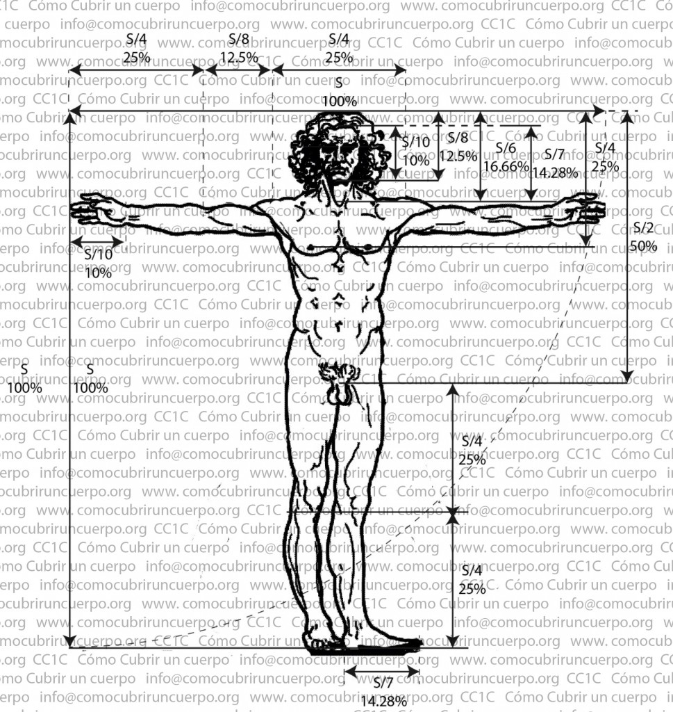 Cómo cubrir un cuerpo - Del arte al patronaje - hombre de Vitruvio con porcentuales